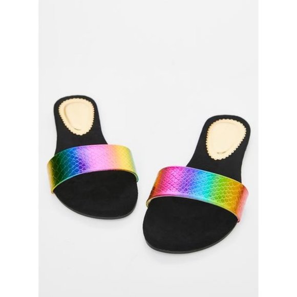 Dolls Kill Shoes - Liliana Rainbow Thin Strap Iridescent Slides 5.5